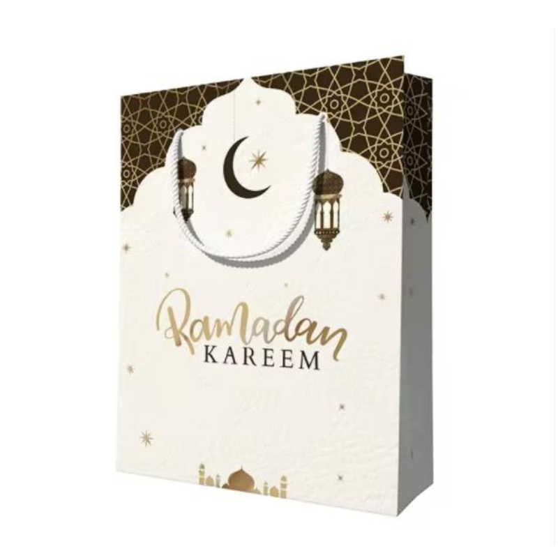 Mukautetun suunnittelun uudelleenkäytettävä Eid Mubarak Ramanda Muslin Islamic Festival Shopping Packaging Paper -lahjapussit kahvoilla