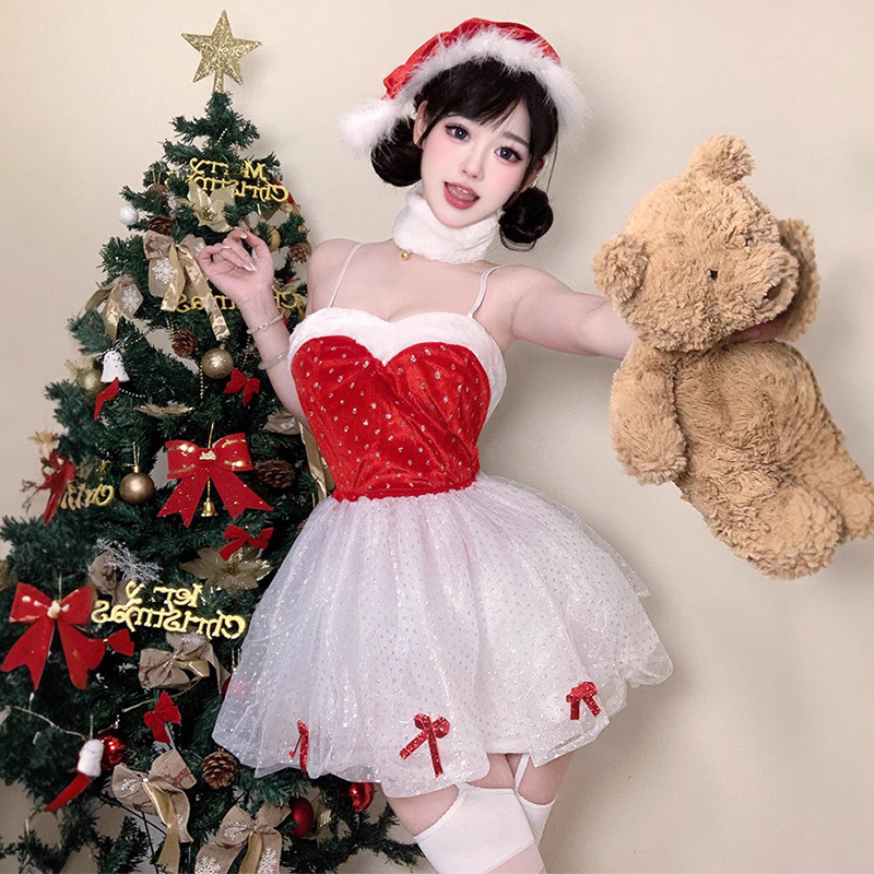 Uusi joulupuku asetettunäyttämöesityksiin. Punainen, muoto - Asennus pitsimekko univormu asetettu sekä jouluun että uuteen vuoteen108 hintaan:$89,99