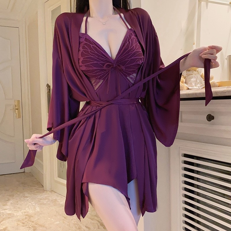 Seksikäs perhonen pitsi suspender yöpaita rintatyynyillä ja syvällä v-kaula viettelevää ilmettä, roikkuu-Kaula -tyyli, pariksi kaapu, Homewear Set.p3945 Hinta:$19999