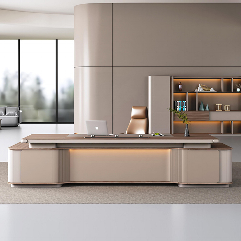 Malli: DBT005 Modern Voice-Control Light Strip Boss -työpöytä ja -kaappi, monitoiminen pistorasia, kevyt ja tyylikäs Boss-toimistopöytä.